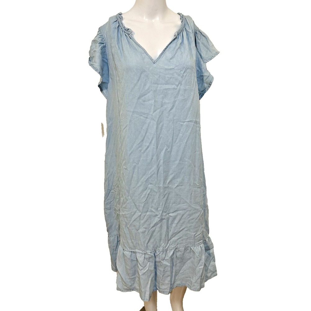 Womans 2X Chambray Midi Coastal Shift Dress Blue Ruffle Sleeve V Neck Cottage